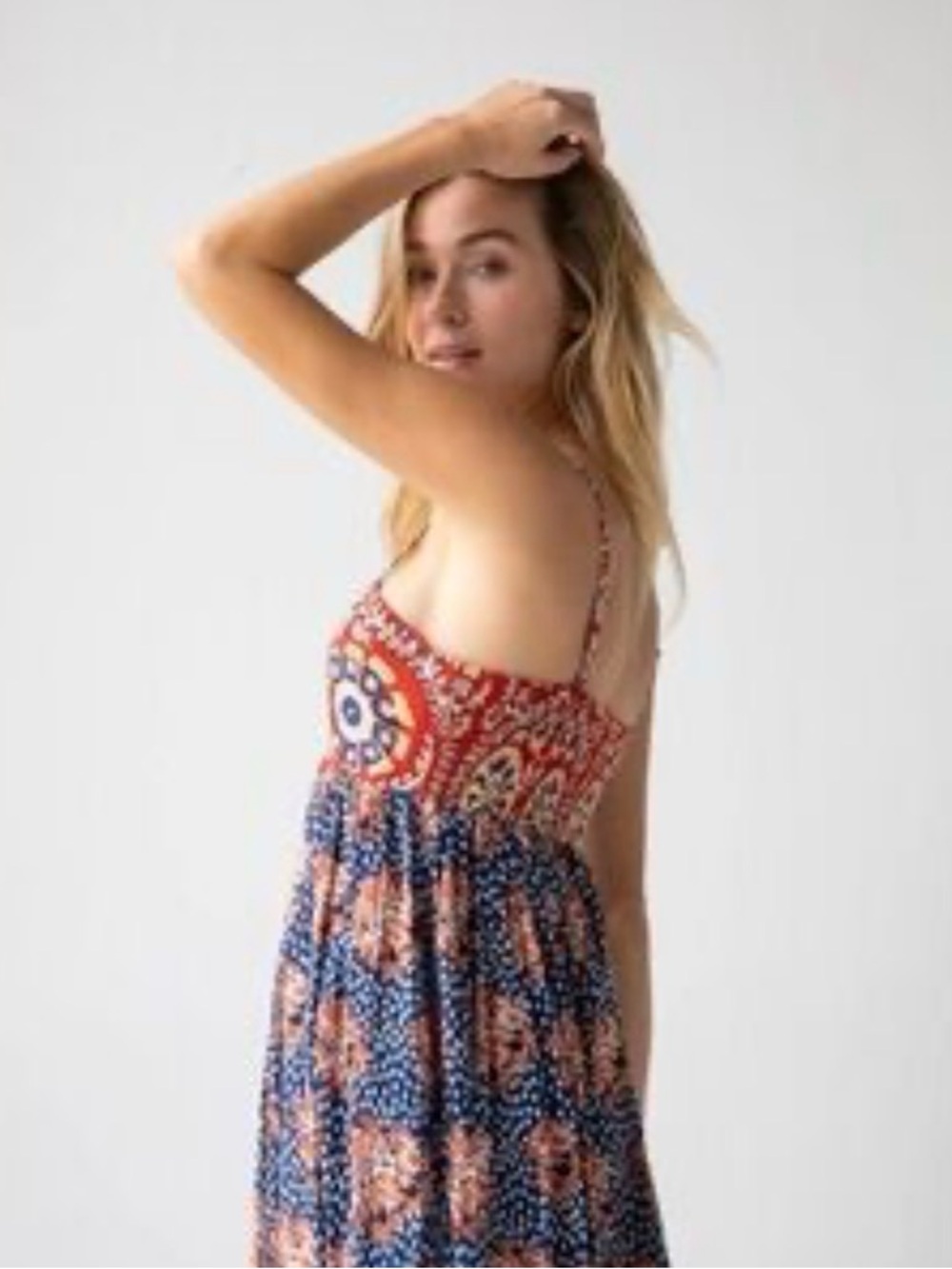 NWT Natural Life Boho Floral Smocked Maxi Dress - Blue/Red - Large